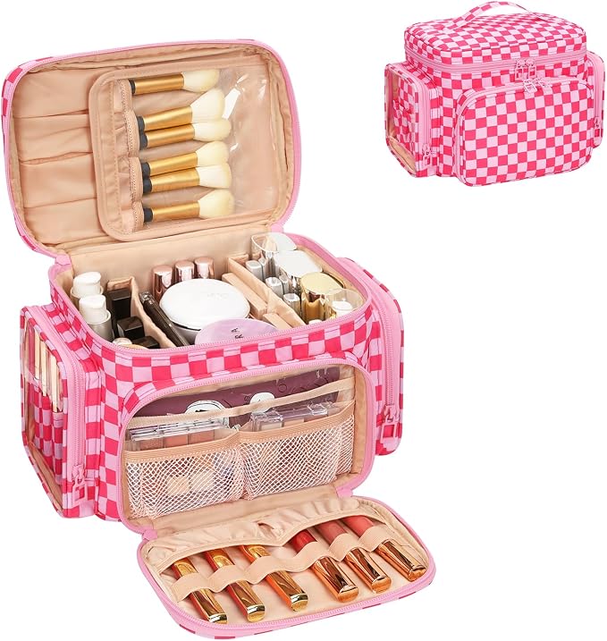 Bagmoly Large Checkered Makeup Bag, Travel Makeup Bag Organizer for Women Girls with Makeup Brush Compartment & Two Side Pockets, Cosmetic Travel Bag Vertical Storage Toiletry Bag- Hotpink by OrganizeYourMakeup