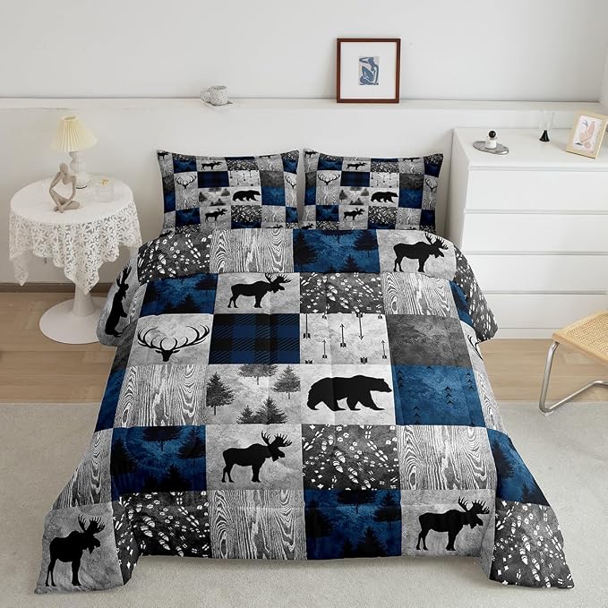Bear Bedding Set Twin for Teens Boys,Buffalo Plaid Check Comforter Set Cabin Lodge Decor,Wild Animal Elk Antler Pattern Duvet Quilt Insert,Rustic Deer Patchwork Down Comforter 2pcs Blue Grey - Image 2