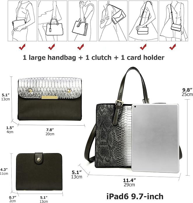KingTo Women's Crocodile Pattern Satchel Handbags Stylish Tote Handbags crocodile purses for women 3 Pcs Set (B-blue) - Image 3
