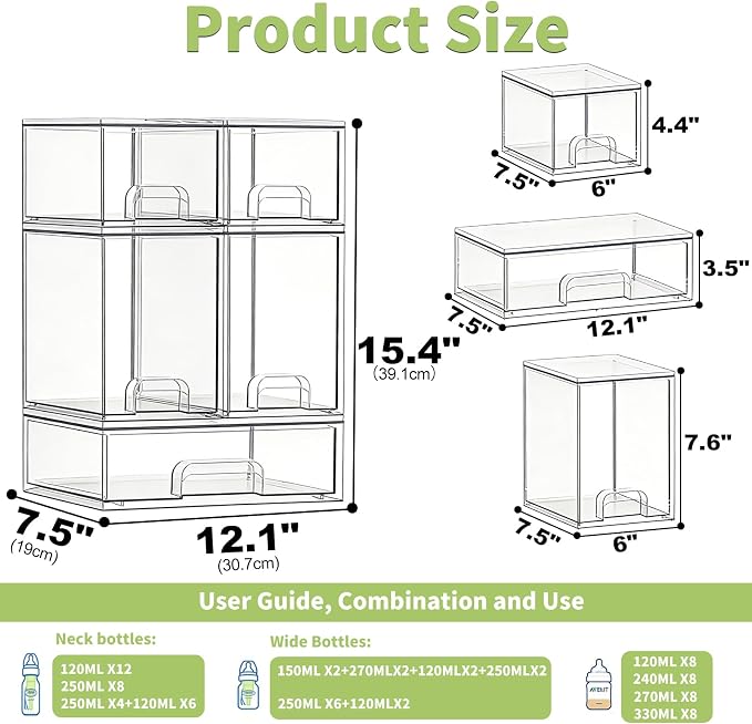 Bottle Storage Organizer Baby: Clear Stackable Storage Drawers, Acrylic Bottles Station Organizer for Countertop, Vanity, Bathroom, Cabinet Organization - 5 Pack - Image 2