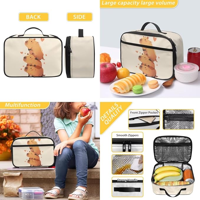 Capybara Bookbag for Kids 6-8 with Lunch Box, 17 Inch Large Capacity Elementary School Student Backpack and Lunchbox Pencil Case 3Pcs Girls School Bag Lunch Bag Set - Image 5