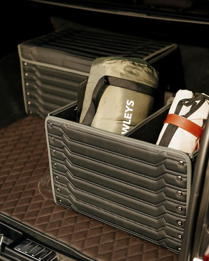 Owleys Car Caddy Organizer Set - 17.7" + 21.6" SUV Trunk Organizer Bundle For Road Trips, Groceries & Tools - Foldable Crates With Magnetic Lids - Stylish Gift For Men - Black Highway - Image 9