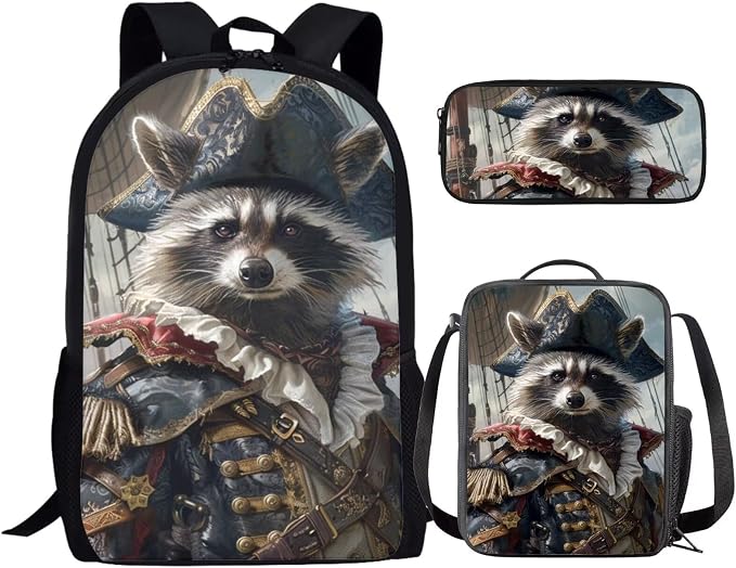 17 Inch Animal Print School Backpack And Lunch Box Set for Kids Lightweight Racoon As Pirate Backpack for Boys Girls Sturdy School Bag with Insulated Lunchbox Pencil Case Student Bookbag by Parprinty