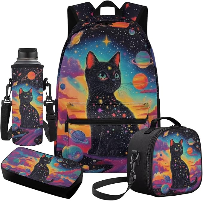 Girls Backpacks Ages 6-8 8-10 Black Cat Backpack Set for Girls, Cool Space 17" Bookbag Set with Lunch Box, Pencil Case & Bottle Holder, Lightweight Backpack for Teens Kids Travel Outdoor - Image 2