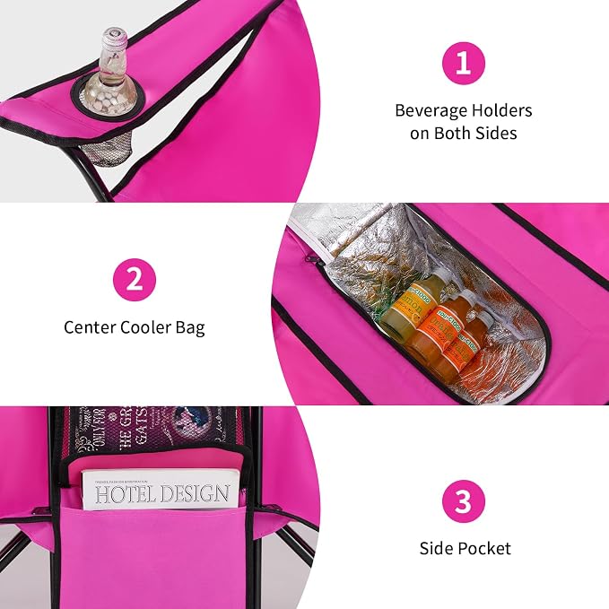 Goplus Double Camping Chair with Umbrella, Folding Loveseat Chairs w/Canopy Shade, Carrying Bag, Table, Cup Holder, Portable Beach Chairs Outdoor Picnic Patio (Pink) - Image 4