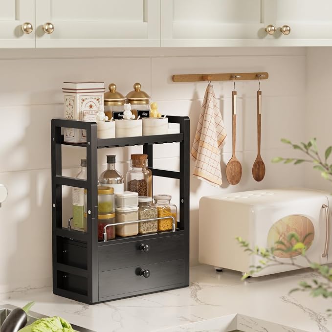 AmazerBath Bamboo Bathroom Countertop Organizer, 2-Tier Makeup Organizer with 2 Drawers, Vanity Organizer Storage Coffee Matcha Station, Compact Shelf for Bathroom Kitchen Office, Black - Image 7