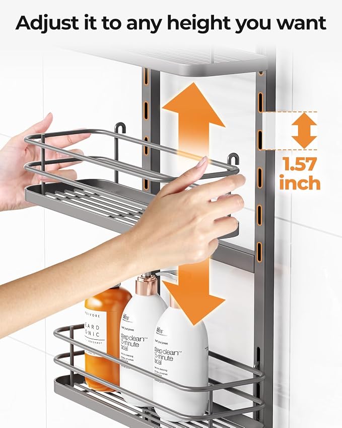 ODesign 4 Tier Height-Adjustable Shower Caddy Hanging Anti-Swing-Over The Shower Head Caddy-Showers Storage Organizer Bathroom Shelves Basket Showers Caddies-Grey - Image 6