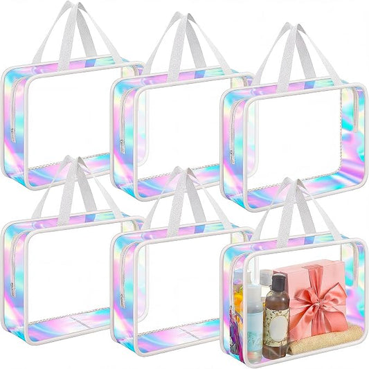 Sweetude 6 Pcs Large Clear Toiletry Bag with Handle Large Capacity Travel Iridescent Beach Makeup Bag PVC Clear Plastic Tote Punch Cosmetic Clothes Storage Organizer for Women Men (White) by Sweetude