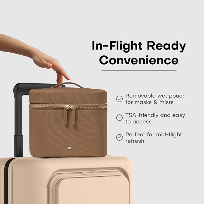 July Vanity Cosmetic Case - Stylish Travel Makeup Bag for Women with Removable Wet Pouch, Upright Bottle Design, Clear Top Pocket, Leather Handle, Travel Essentials, Toiletry Organizer - Light Brown - Image 2