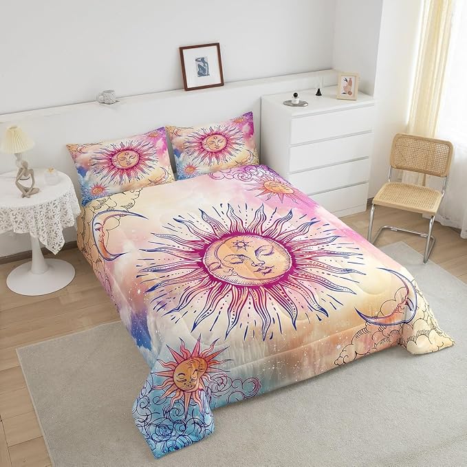 Sun and Moon Comforter Set King Stars Constellation Galaxy Bedding Set,Pink Blue Pastel Clouds Tie Dye Comforter for Kids Girls Women Boho Hippie Psychedelic Celestial Astrology Quilt Duvet Set 3 Pcs - Image 3