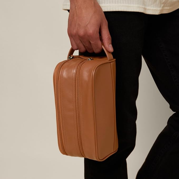 Leatherology Cognac Leather Toiletry Bag – Small Double Zip Dopp Kit – Full Grain Leather Travel Organizer with Water-Resistant Lining – Compact Grooming Bag for Men or Women - Image 5