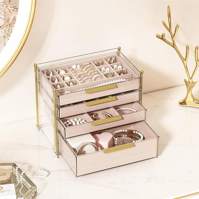 FOLLOWIN Jewelry Box for Women, 4 Drawers Jewelry Organizer and Storage, Clear Acrylic Jewelry Organizer with Removable Velvet Trays, Large Capacity Jewelry Holder for Rings Earrings Necklaces - Image 4