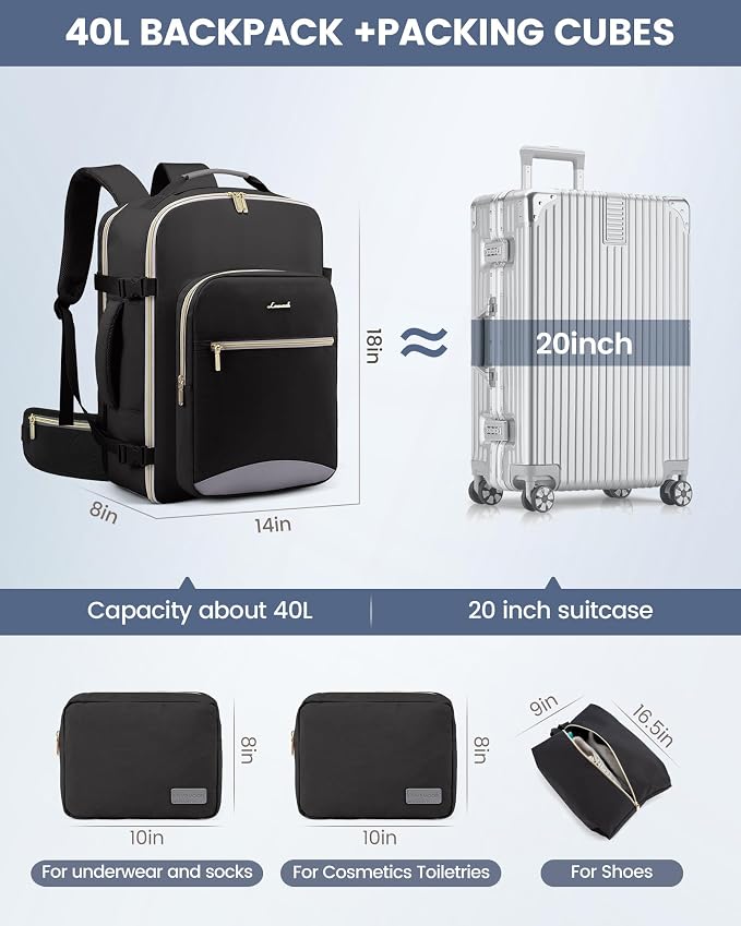 LOVEVOOK 40L Travel Backpack with Waist Strap,Flight Approved Carry on Backpack,Waterproof Personal Item Travel Bag,TSA Carry on Luggage Suitcase Travel Essentials,Gifts for Women & Men,fit 17" Laptop - Image 4