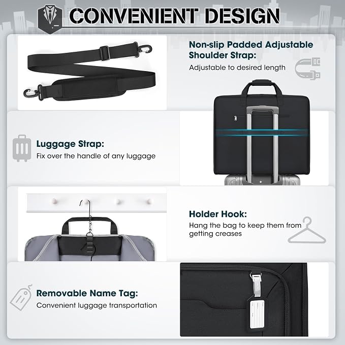 RAINSMORE Garment Bags for Travel Carry On Garment Bag for Hanging Clothes, Suit Bag for Business Trips with Shoes bag & Shoulder Strap, Waterproof Foldable Suit Luggage Bag for Men Women, Black - Image 5