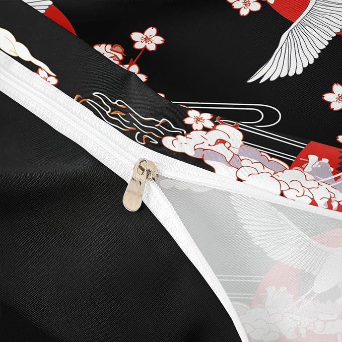 Erosebridal Crane Duvet Cover King Size Japanese-Style Bedding Set Cherry Blossoms Pattern Adult Women Girls Comforter Cover 3 Pieces Japanese Traditional Pattern Decor Comforter Set with Zipper Ties - Image 6