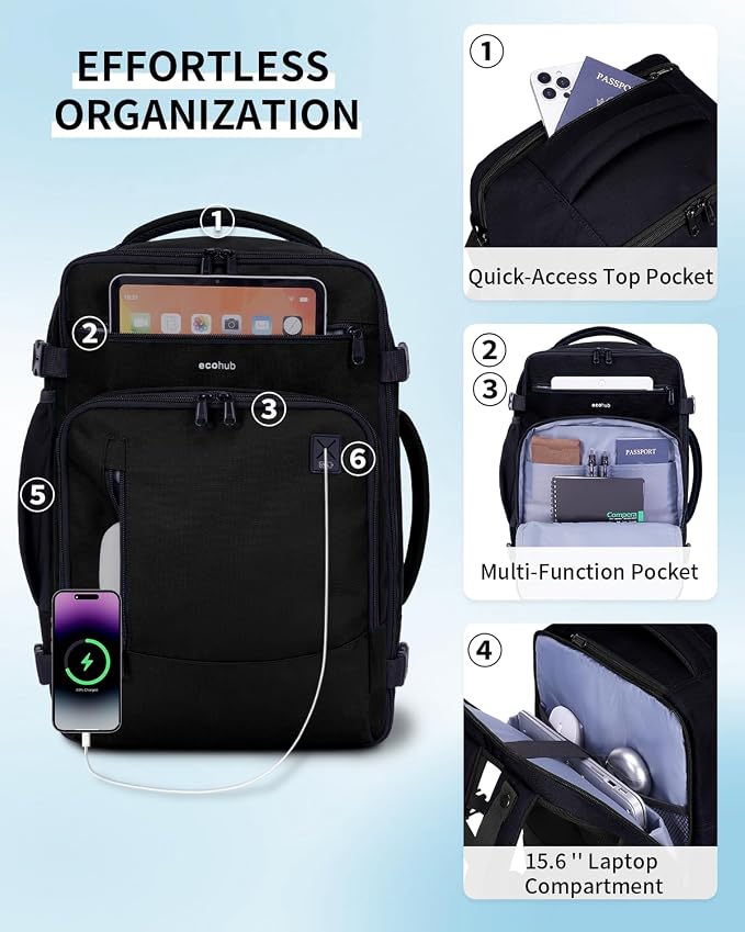 ECOHUB 19" Large Travel Backpack, Carry on Luggage Airline Approved, Water Resistant Rucksacks Fit 15.6" Laptop, AirTag Pocket, Lightweight Casual Daypack, 34L, Black - Image 6