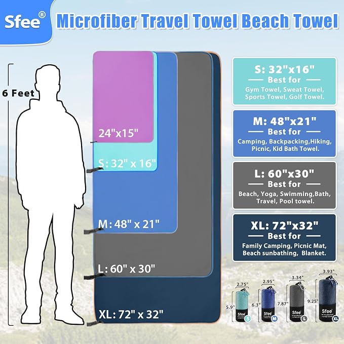 Sfee 2 Pack Microfiber Travel Towel, Quick Dry Towel Camping Towel Super Absorbent Compact Lightweight Sports Swim Gym Towels Set for Gym, Hiking, Pool, Backpacking, Bath, Yoga (M :48"x21"+24"x15") - Image 3