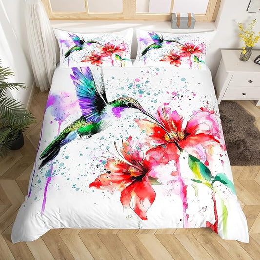 Hummingbird Duvet Cover Red Lotus Comforter Cover for Boys Girls Child Kids Colorful Tie Dye Bedding Sets,Vintage Abstract Art Design Duvet Cover Flowers Rustic Style Duvet Cover, Queen Size by Erosebridal