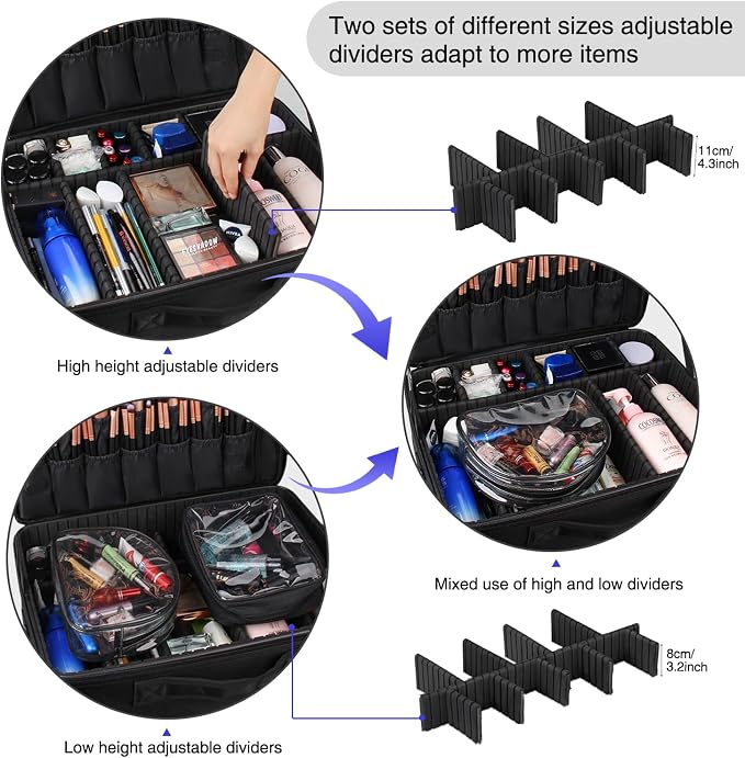Relavel Extra Large Makeup Case, Professional Makeup Artist Bag Double Layer Compartment Cosmetic Travel Organizer Bag Makeup Brush Storage Holder with Adjustable Dividers and Shoulder Strap, Black - Image 3