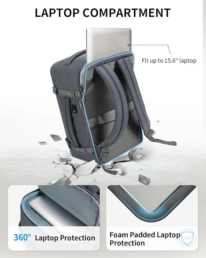 ECOHUB Travel Backpack for Men Women, Carry on Backpack with USB Charging Hole, Spirit Airlines Personal Item Bag Flight Approved, 15.6 Inch Laptop Backpack with Anti Theft Pockets, 30L, Grey - Image 3
