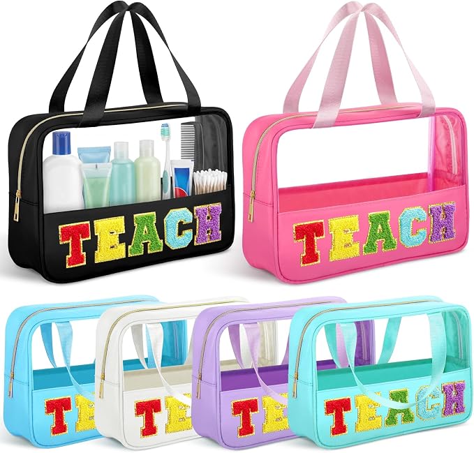 Hillban 6 Pcs Clear Teach Makeup Bags Bulk Chenille Letter Travel Toiletry Bags with Handle Large Waterproof Storage Cosmetic Bag Graduation Back to School Retirement Gifts for Women by Hillban