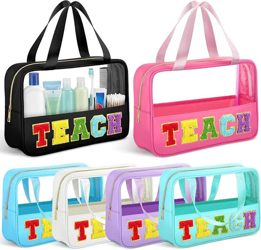 Hillban 6 Pcs Clear Teach Makeup Bags Bulk Chenille Letter Travel Toiletry Bags with Handle Large Waterproof Storage Cosmetic Bag Graduation Back to School Retirement Gifts for Women by Hillban