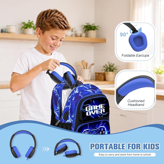 Bevalsa Backpack for Boys, School Bags for Kids with 3.5mm Jack Wired Headphones, Lunch Box & Pencil Case, Gamer Backpack for Kids Children Teens for Elementary Middle School Student (Lightning) - Image 6