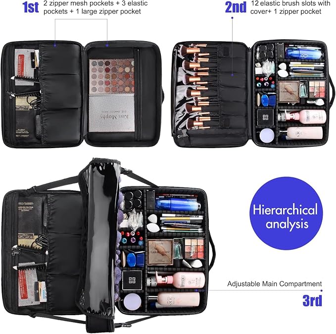 Relavel Extra Large Makeup Case and Makeup Brush Holder Bag, Professional Makeup Organizer, Large Capacity with Adjustable Dividers and Shoulder Strap (Black) - Image 3