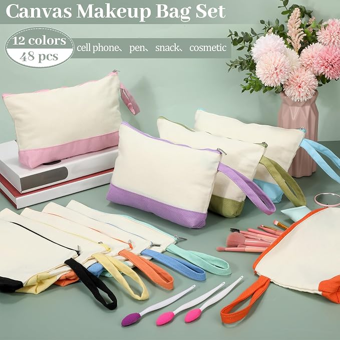 Silkfly 48 Pcs Cotton Canvas Makeup Bags Cosmetic Zipper Bags 10.2 x 5.5 x 2'' Blank DIY Pouch Bulk Pencil Case with Bottom Travel Toiletry Pouch for Women Craft Decor Gift (12 Colors) - Image 4