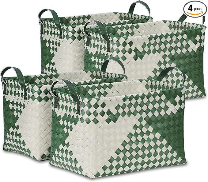 BROWNLILY Handwoven Clothes Basket Laundry Hampers Large Wicker Storage Baskets for Shelves Blankets Closet Storage Bins Car Bedroom Bathroom Organizers and Storage Bath (Pack of 4, Green&White) by Unknown