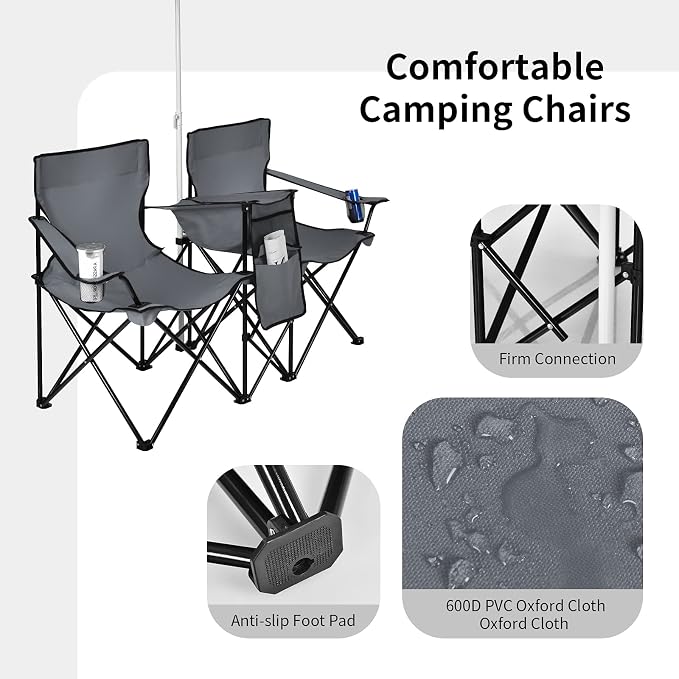 Goplus Double Camping Chair with Umbrella, Folding Loveseat Chairs w/Canopy Shade, Carrying Bag, Table, Cup Holder, Portable Beach Chairs Outdoor Picnic Patio (Grey) - Image 4