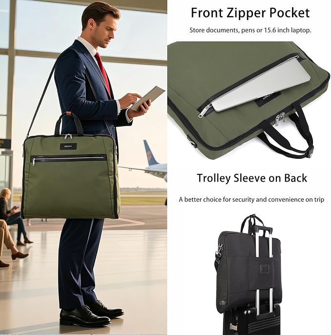 BESMART Garment Bags for Travel, 51" Large Suit Bag for Business Trips | Waterproof,Hangs 3 Suits,Foldable,Wrinkle Free Spacious Luggage Suit Cover,Adjustable Strap,Carry On Flight Approved,Green - Image 2