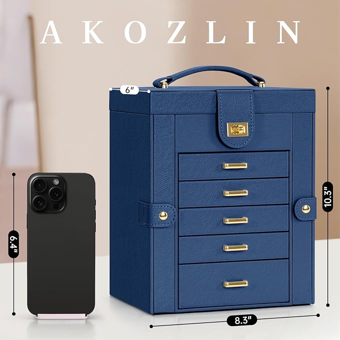 AKOZLIN 6-Tier Jewelry Box Organizer Functional 5 Drawers Leather Jewelry Storage Case for Women Girls Ring Necklace Earring Bracelet Holder Organizer with Mirror Blue Regular - Image 4