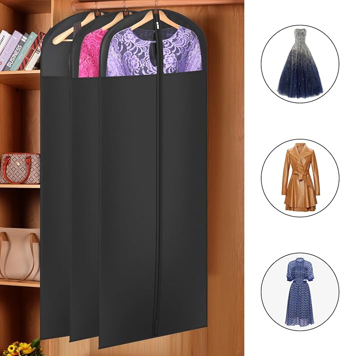 Univivi Long Garment Bags for Hanging Clothes, 65" Dress Bags for Gowns Long for Closet Storage with Large Visible Window for Long Suits, Coats, Dresses, 3 Pack, Black - Image 4