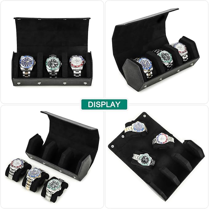 Hiram Genuine Leather Hexagon Watch Roll Travel Case, Leather 3-Watches Roll Case with Removable Pillow Cushion for Treasured Watches and Bracelets -Black - Image 6