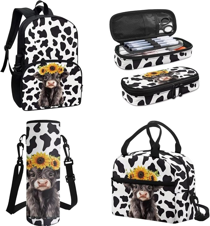 4PCS Black Highland Cattle Sunflower Cow Print School Backpack Set Travel Bookbags Purses Lunch Box Stationery Pouch Bag Holder Protective Water Bottle Cup Cover for Back to School - Image 2
