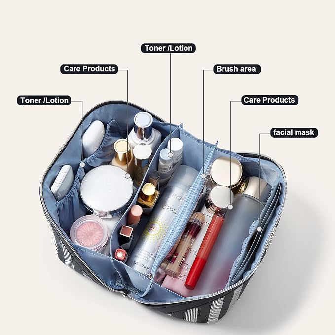BOYATU Travel Makeup Bag Cosmetic Bag for Women: 3 Pcs Set Striped Make up Bag with Compartments - Waterproof Vegan Leather Toiletry Bag with Handle - Makeup Organizer for Travel Essentials(A-4-Black) - Image 5