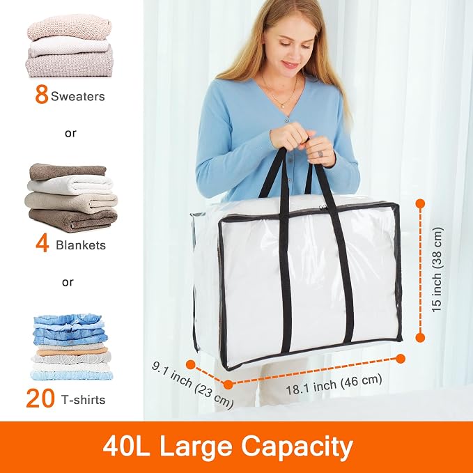 Vieshful Clear Comforter Storage Bag, 40L Clothes Storage Bag with Zipper Closet Organizer, Plastic Storage Containers Moving bags for Comforter, Blanket, Bedding, Duvet, Toys - Image 2