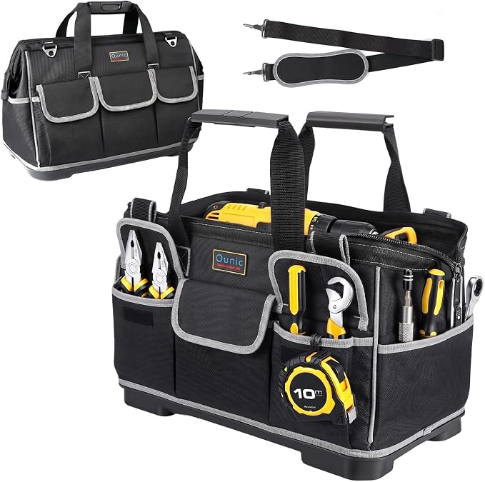 Tool Bag, Ounic 16 Inch BigTool Tote Bag Heavy Duty With Waterproof Molded Base, Wide Mouth Tool Box Organizer with Adjustable Shoulder Strap for Electrician Mechanic Craftsman Plumbers(Black) by Ounic