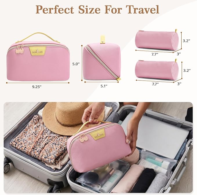 Travel Makeup Bag for Women: 3-in-1 Large Capacity Cosmetics Organizer with 2 Detachable Pouch - Vegan Leather Flat Open Toiletry Bag - Travel Essentials for Full-Sized Bottles(02-Pink) - Image 5