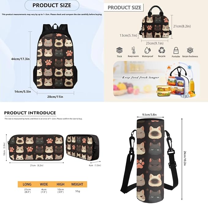 Cat Paw Print Teens Backpack Soft Double Zipper School Bag with Leakproof Lunch Box Pencil Pouch Water Bottle Sleeve for School and Daycare - Image 7