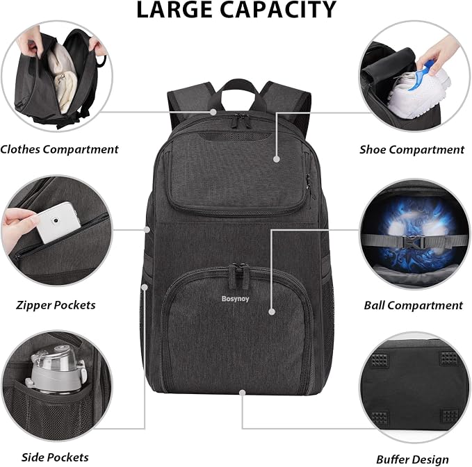 Bosynoy Bowling Backpack, Single Bowling Ball Bag with Shoe Compartment | Bowling Bag Totes with Foam Padded Protection, Fits Shoes Up to US Mens Size 16 and Accessories, Grey - Image 2