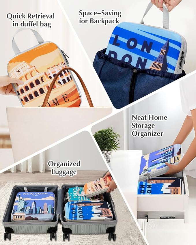 Gonex Compression Packing Cubes, 6pcs Expandable Storage Travel Luggage Bags Organizers with Shoe Bag Laundry Bag, Travel Cubes for Suitcase Carry On (Urban Landscape) - Image 8
