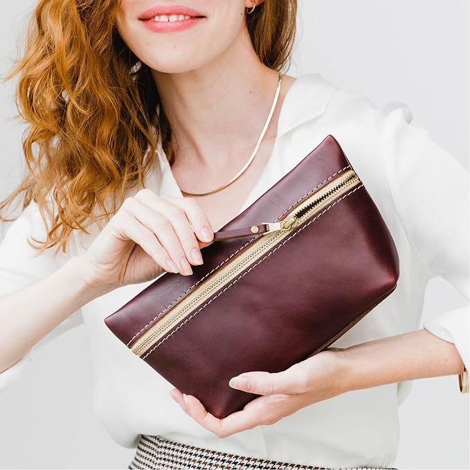 Portland Leather Goods Makeup Bag – Travel Friendly Cosmetic Bag with Zipper Closure for Organizing Makeup & Toiletries – Handmade from the Finest Full-Grain Hides – Extra Large, Cognac - Image 2
