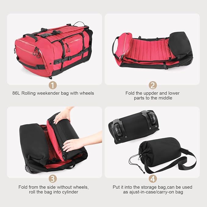 Vomgomfom 86L Foldable Duffle Bag with Wheels - Waterproof Rolling Travel Bag, Collapsible Luggage No Telescopic Handle, for Men Women Camping Sports Weekend Trips，Red - Image 5
