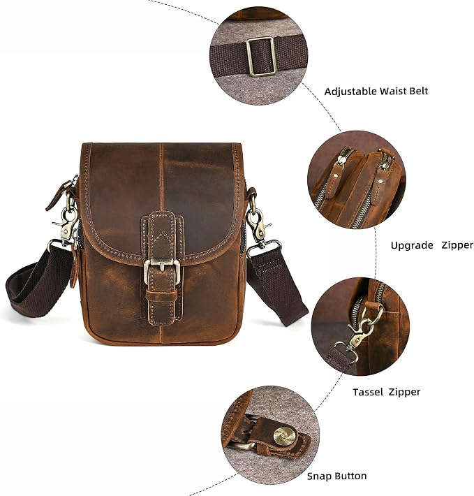 Water Resistant Canvas + Leather Hiking Riding Travel Fanny Waist Pack Small Phone Pouch For Men Women FB811-29 (100% Leather- Coffee) - Image 8