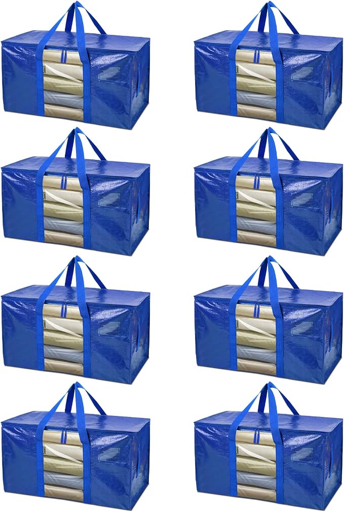 BALEINE 8-Pack Oversized Moving Bags with Reinforced Handles, Heavy-Duty Storage Tote Moving Supplies for Packaging, Camping (Blue w/Window, 8-Pack) by BALEINE