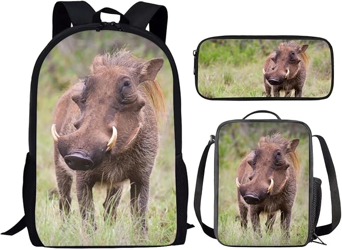 Kids Novelty Animal Backpack and Lunch Box for Boys Girls Student Lightweight 17 Inch School Warthog Backpack with Lunch Bag Pencil Case Kids Comfy Padded Black Large Bookbag - Image 2