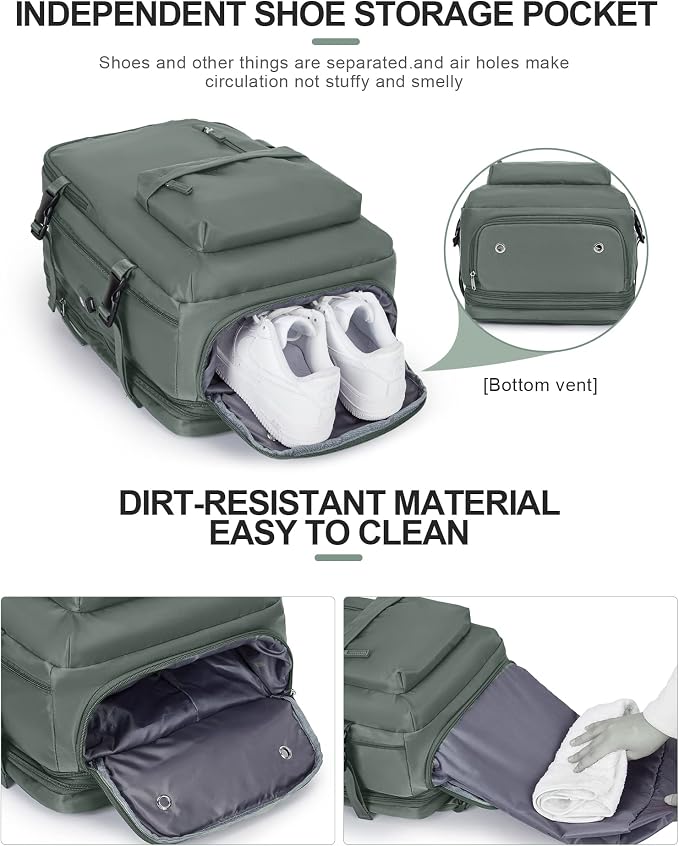 Large Travel Laptop Backpack, Expandable Flight Approved Backpack, Carry on Backpack for Women, Waterproof 17inch Laptop Hiking Backpack with Shoe Compartment, Dark Green - Image 5