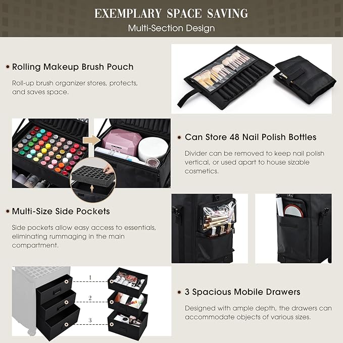 Stagiant Rolling Makeup Case 4 in 1 Soft Sided Professional Cosmetology Case on Wheels Freelance Makeup Artist Nylon Cosmetic Organize Storage Nail Technician Hair Stylist 3 Drawers Black - Image 2